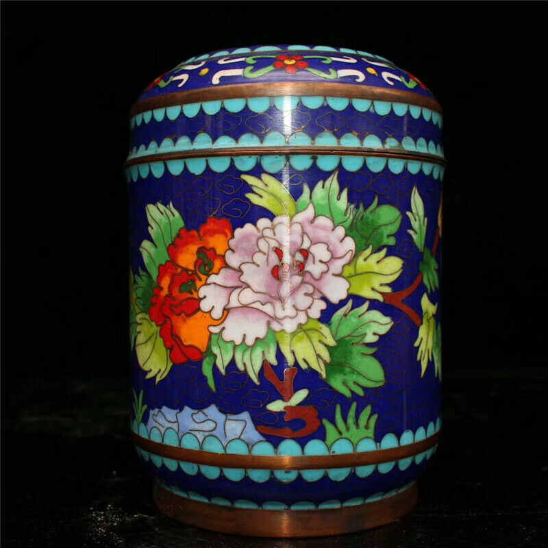 Collect Chinese Copper Cloisonne Painted Flower Handmade Tea Canister Tea Caddy