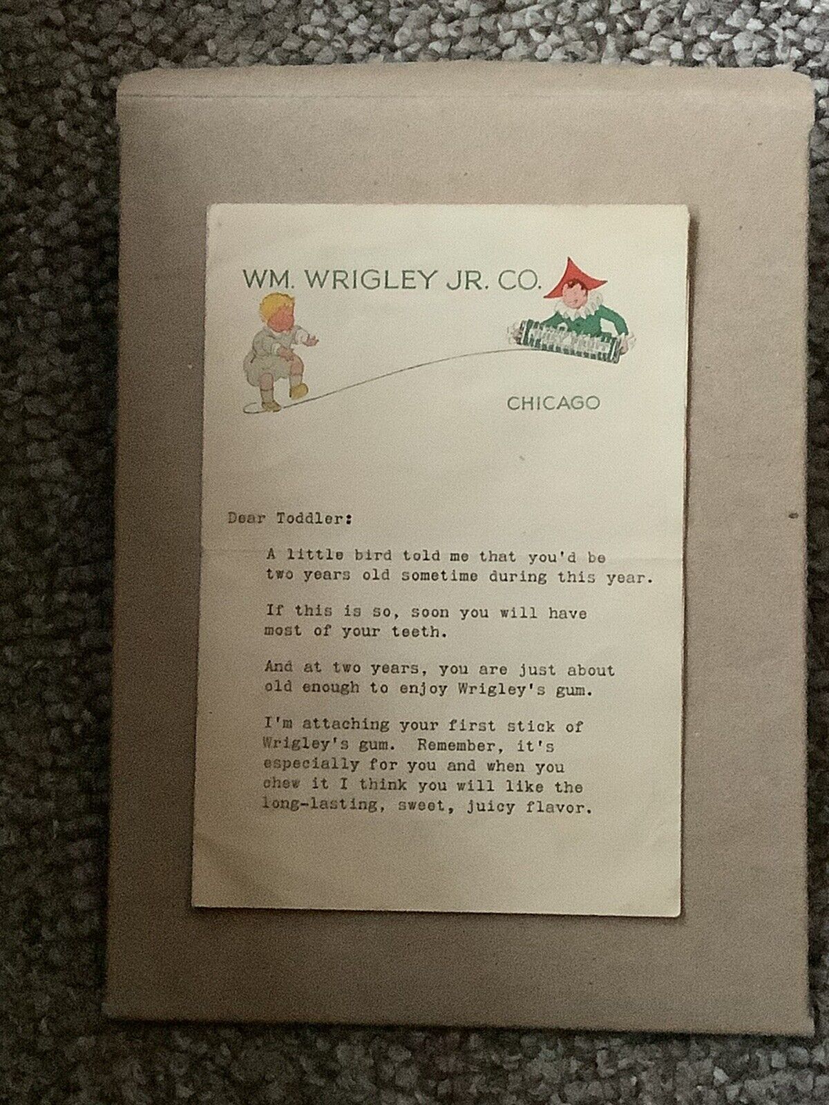Wrigleys birthday stick of gum letter Circa 1935