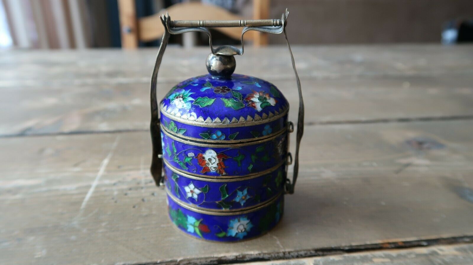 Antique Chinese Cloisonne Stacked Spice / Tea / Opium Jars 3.5"