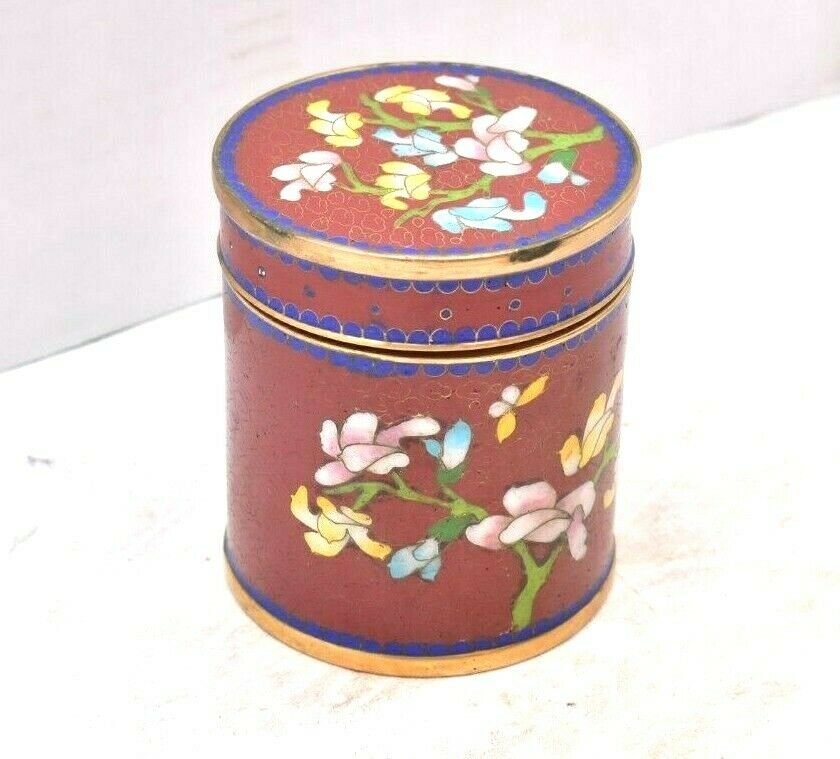 Antique Chinese Cloisonne Tea Caddy Box Lidded Jar Enamel W Flowers Vintage.