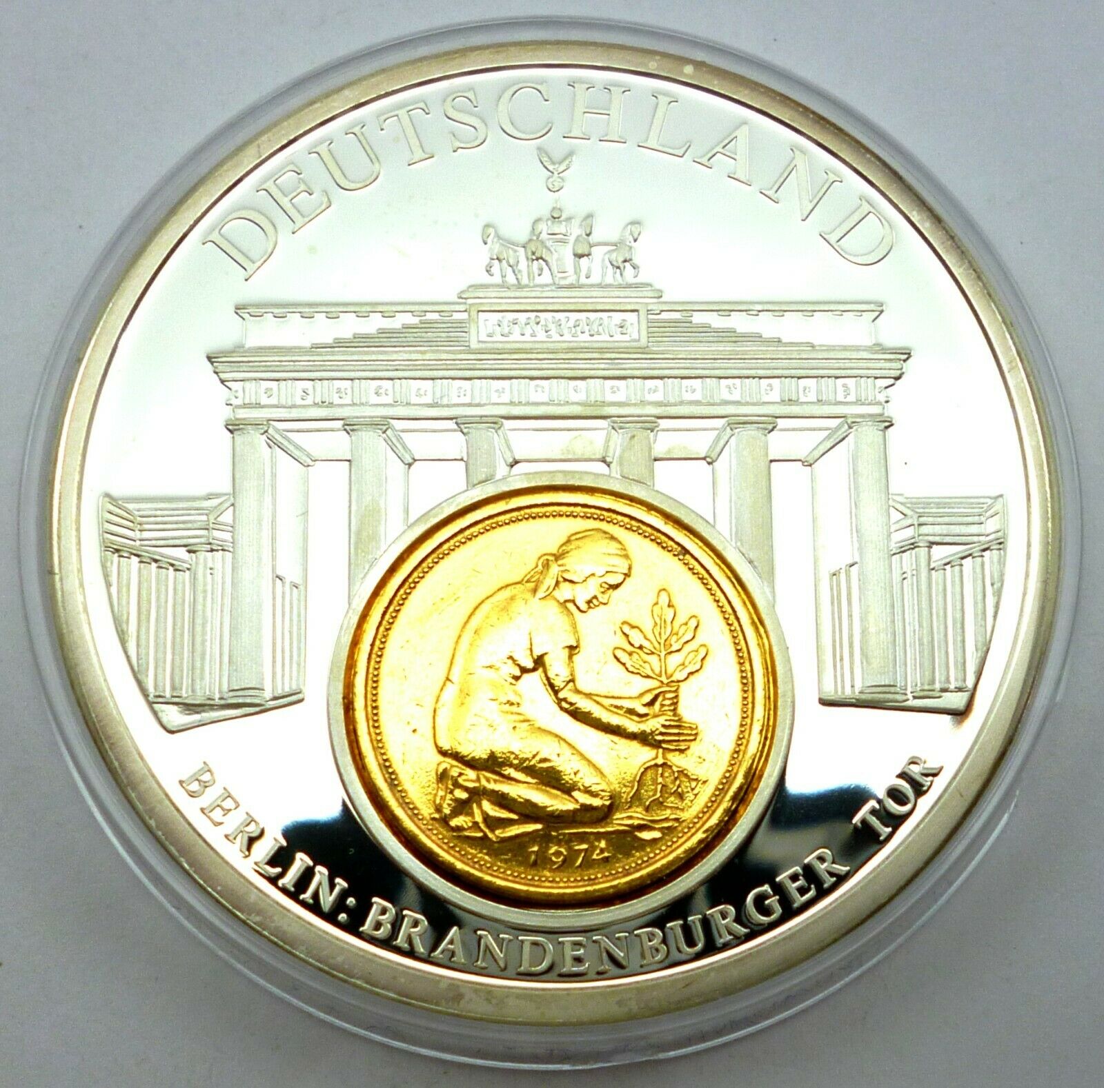 Germany Berlin Silver Plated Medal With Small Gold Plated Coin 50 Pfe 1974 T119