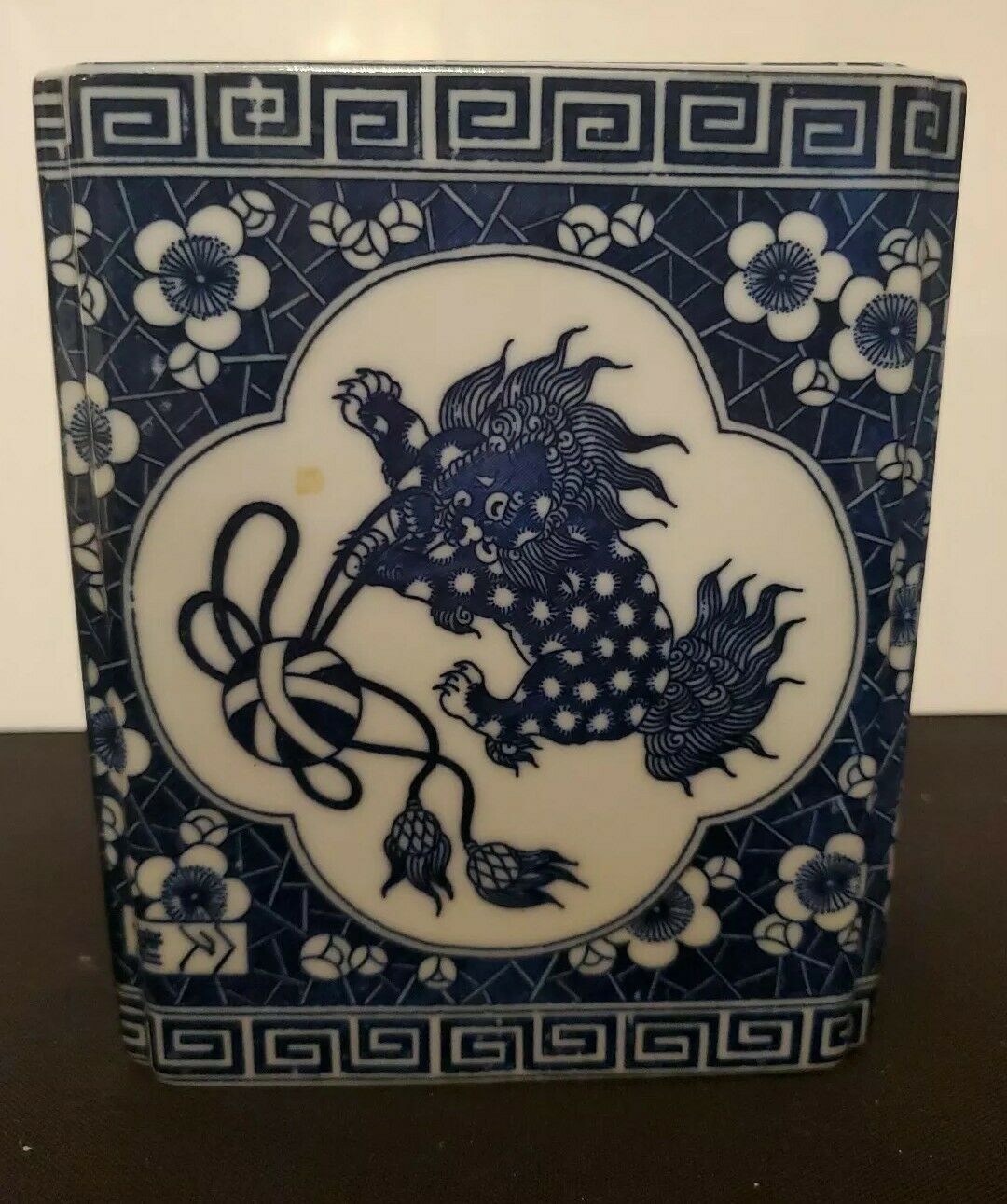 Vintage Chinese Dragon Foo Dog Blue & White Tea Opium Incense Burner Pillow Box