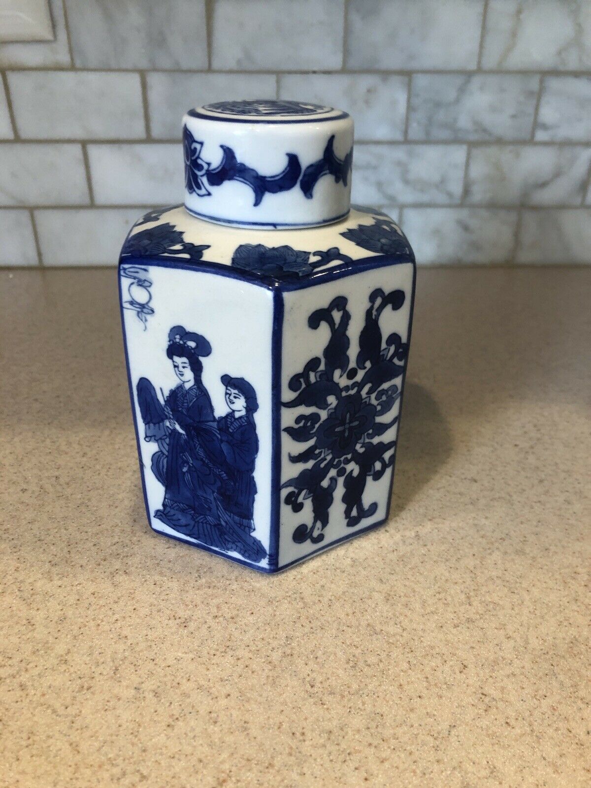 Antique Chinese Blue And White Tea Caddy Top