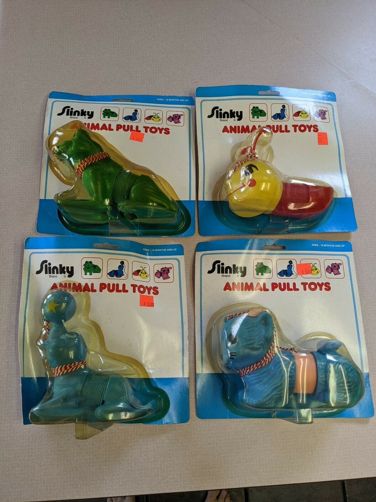 Rare Slinky Animal Pull Toys Seal Cat Frog Inch Worm James Industries Usa Set X4