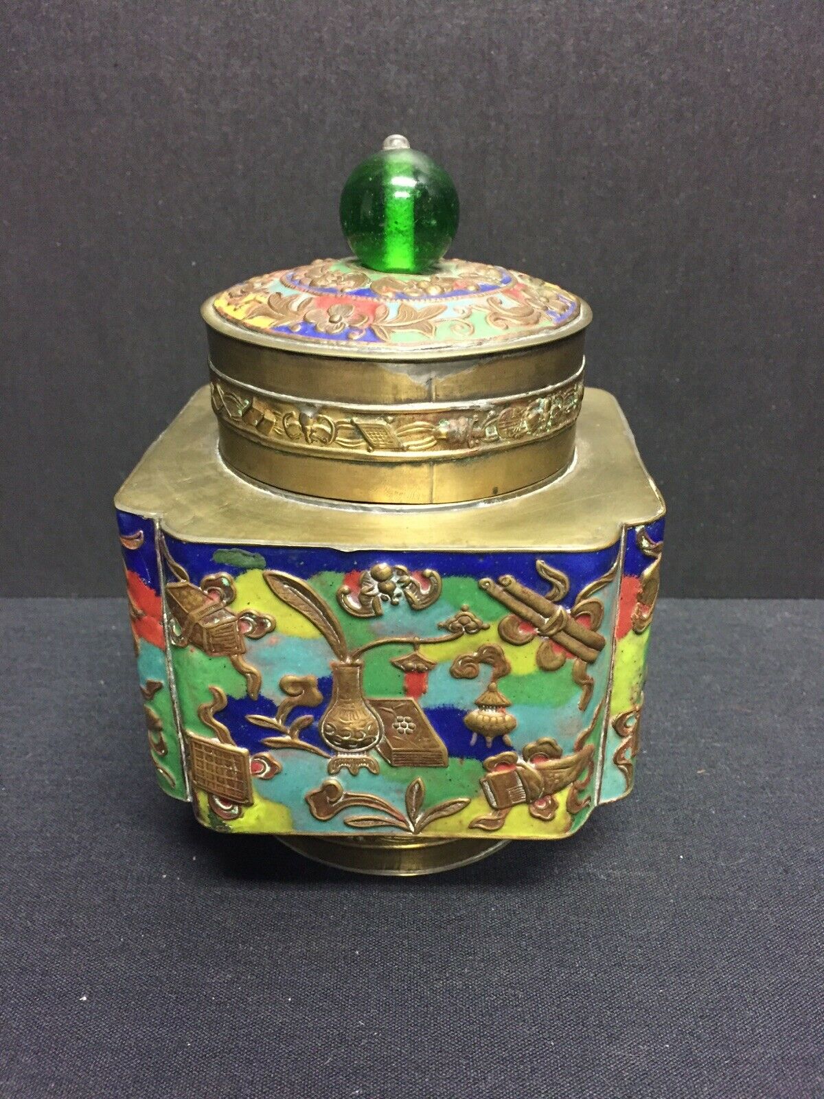 Antique Chinese Brass And Enamel Peking Glass Large Tea Caddy!
