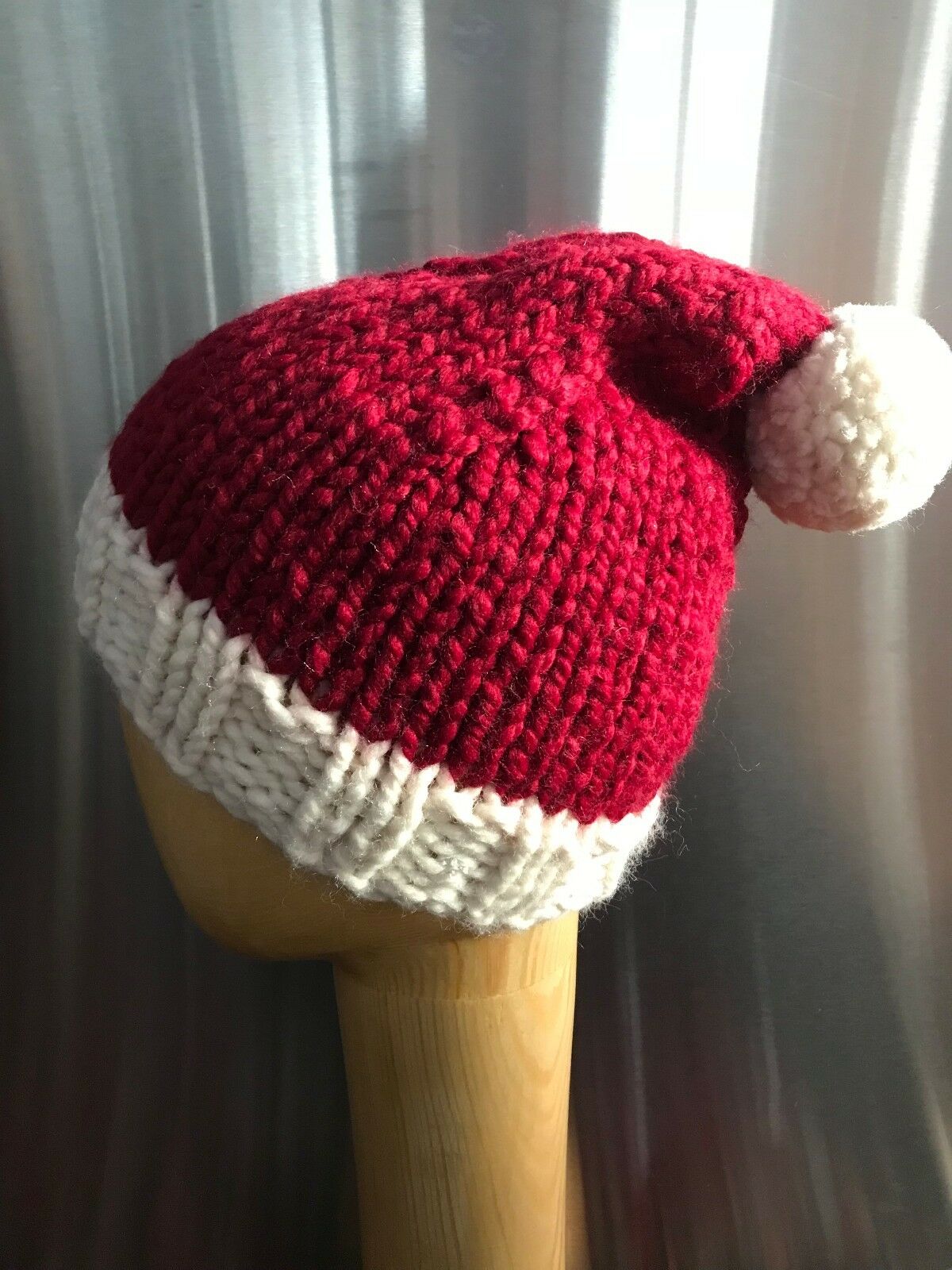 Chunky Hand Knit Unisex Red Cranberry & Ivory Santa's Workshop Elf Pom Pom Hat