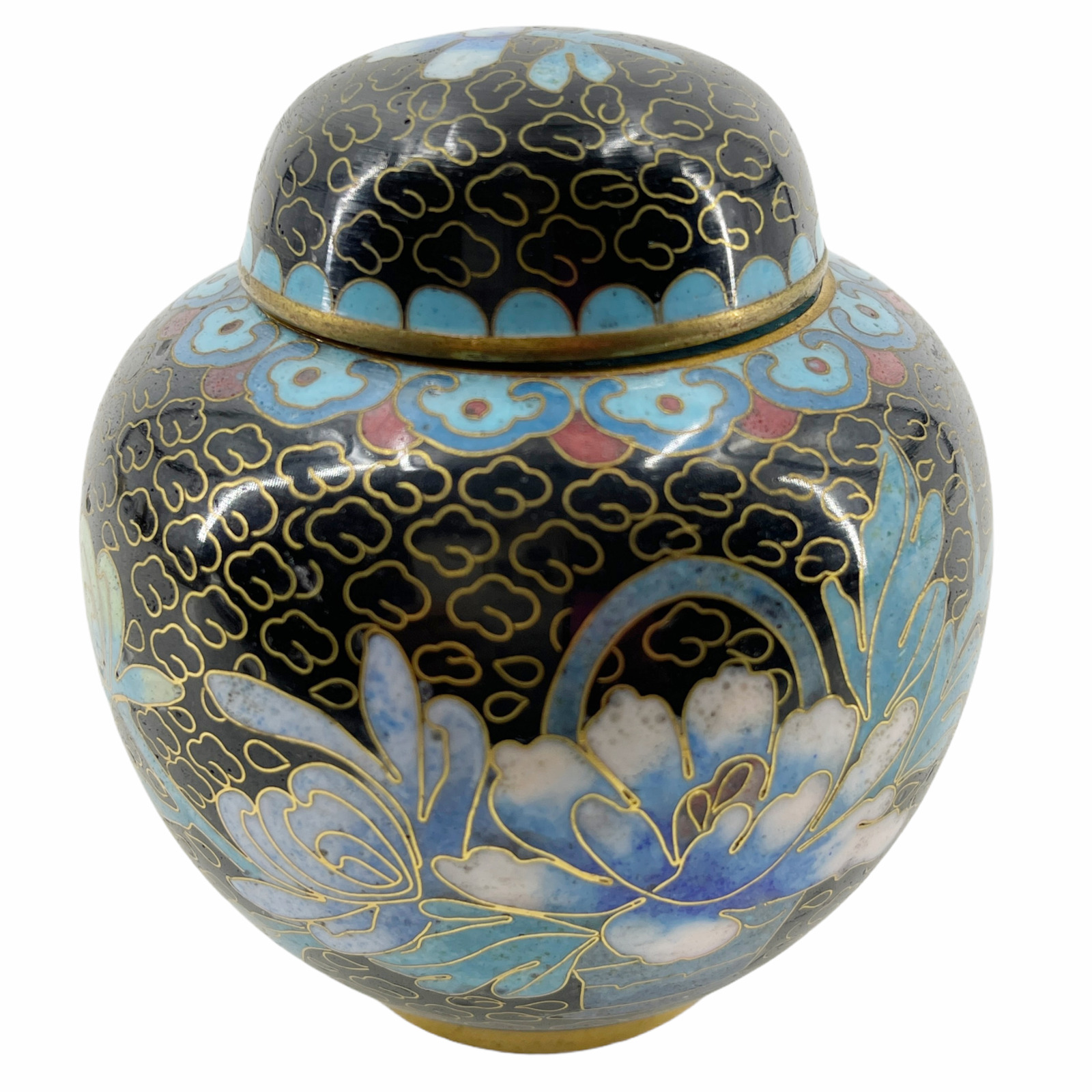 Antique Vintage Chinese Cloisonne Lidded Jar Tea Caddy Black w/ Blue Flowers