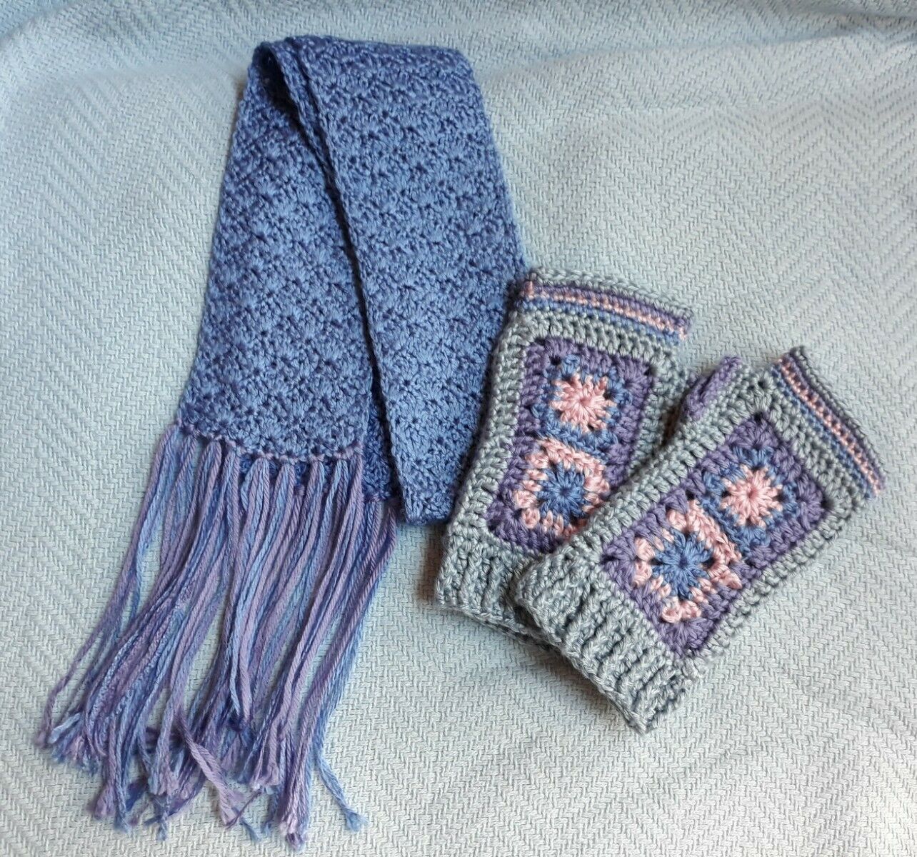 Handmade Crochet Set Women's Girls' Scarf + Handwarmers Fingerless Gloves Mitten