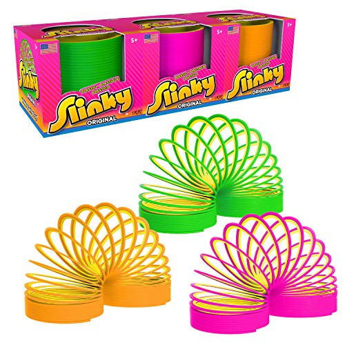 Slinky the Original Walking Spring Toy, Plastic Slinky 3-Pack, Multi-color Neon