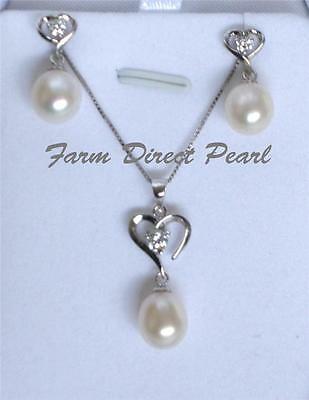 Sterling Silver Pendant Necklace Earrings SET Freshwater White Pearl Heart 18