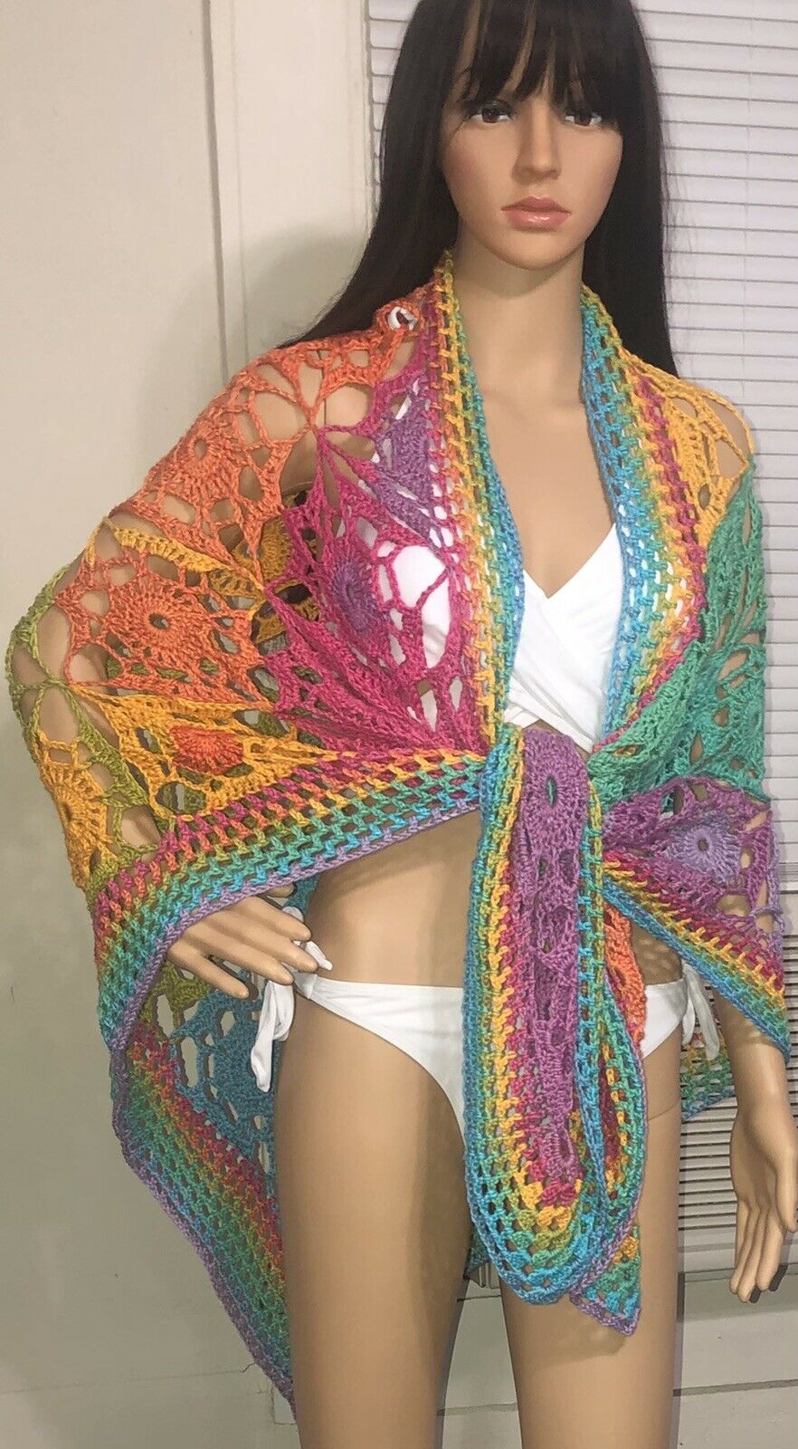 Handmade By Me Crochet Bright Multi Color Shawl Poncho Wrap Sarong 100% Cotton