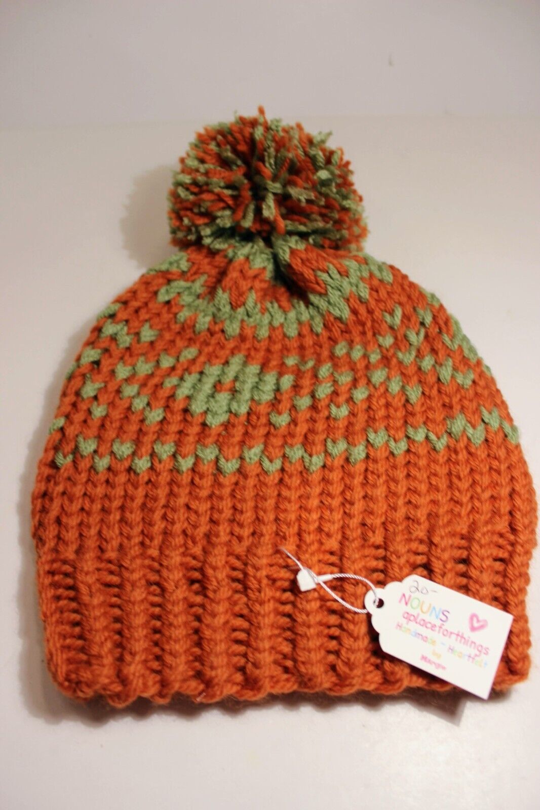 Hand Knit Women's Hat Fall Colors Fair Isle Style Orange & Green With Pompom