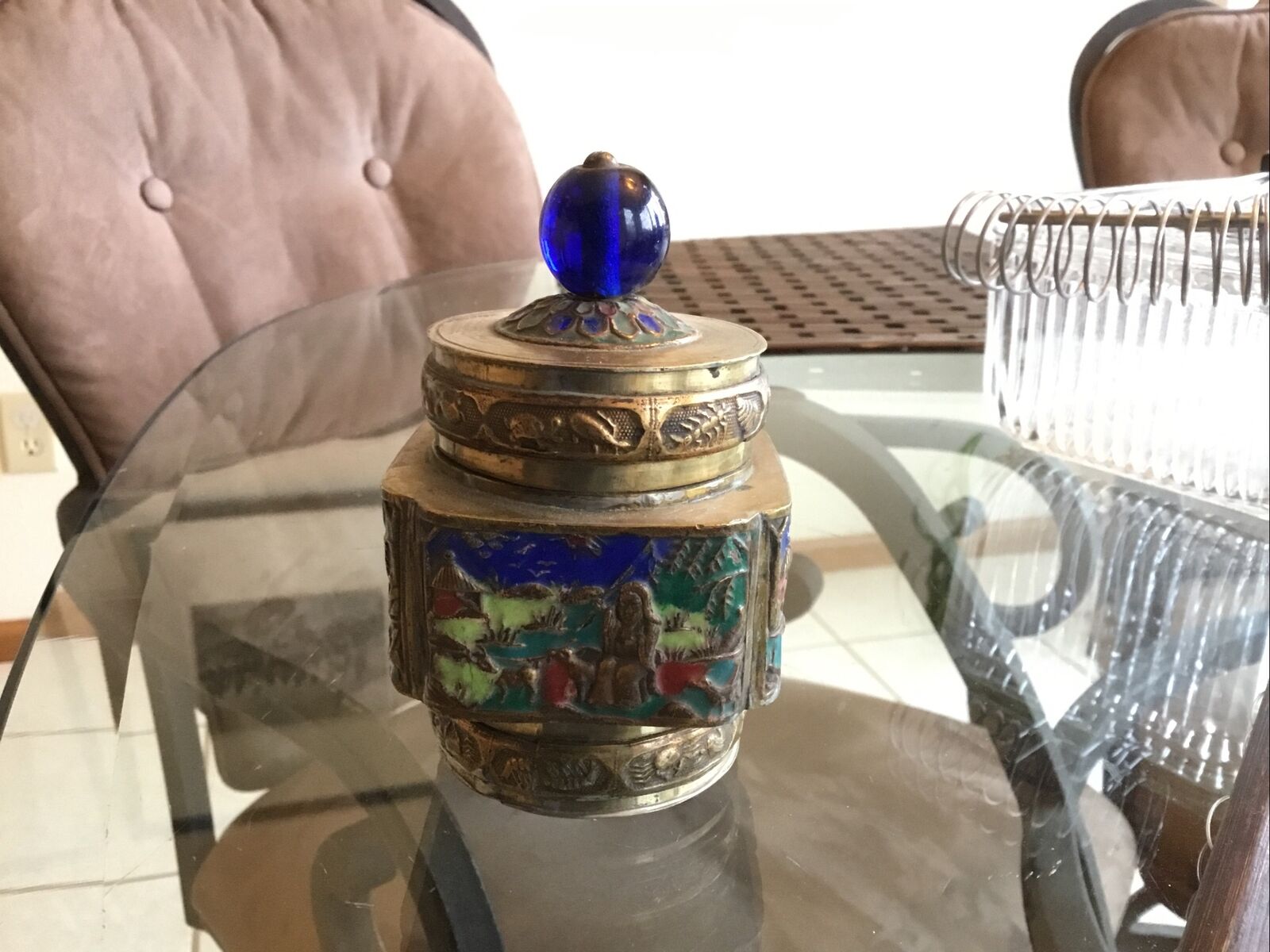 Antique China Chinese Enamel Tea Caddy Brass Bronze Spice Tobacco Glass Bead Box