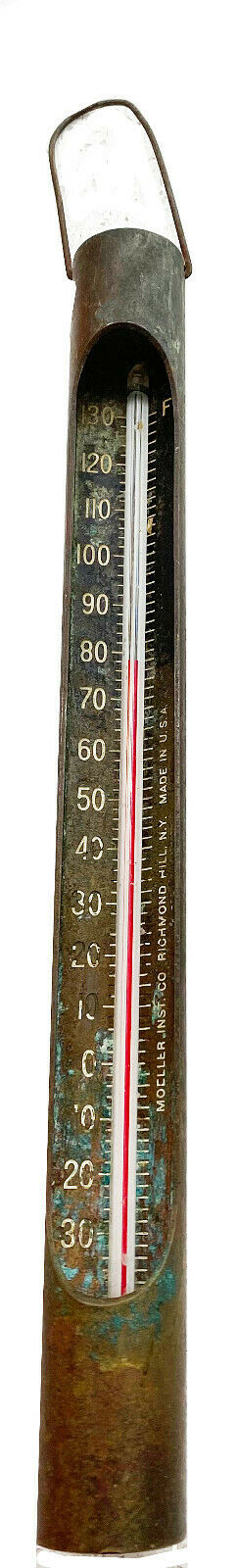 ANTIQUE PRIMITIVE VINTAGE Moeller Brass Industrial Hanging Thermometer 12”