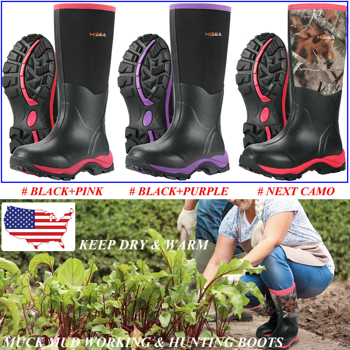 HISEA Women's Waterproof Boots Breathable Neoprene Rubber Muck Mud Hunting Boots