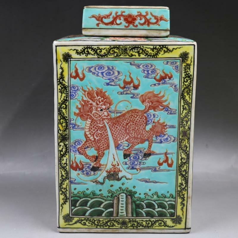 Chinese Famille Rose Porcelain Jar Qing Kangxi Kirin Design Pot Tea Caddy 11.65"