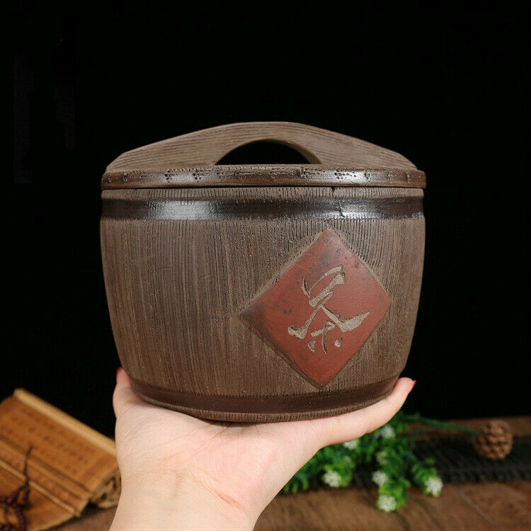 6.1*5.8" China Yixing Zisha Purple Clay Wooden Barrel Shape Tea Storage Canister