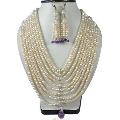 1000 Ct Finest Vintage Pearl Amethyst Queen Necklace Earrings Bridal Jewelry Set