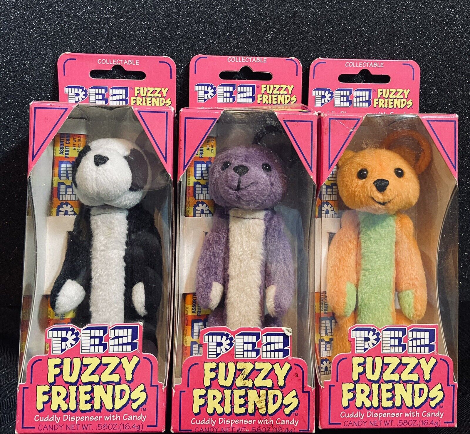 Lot Of 3 New Pez Fuzzy Friends Dispensers Gilbert, Jade & Tj Bear W/ Candy