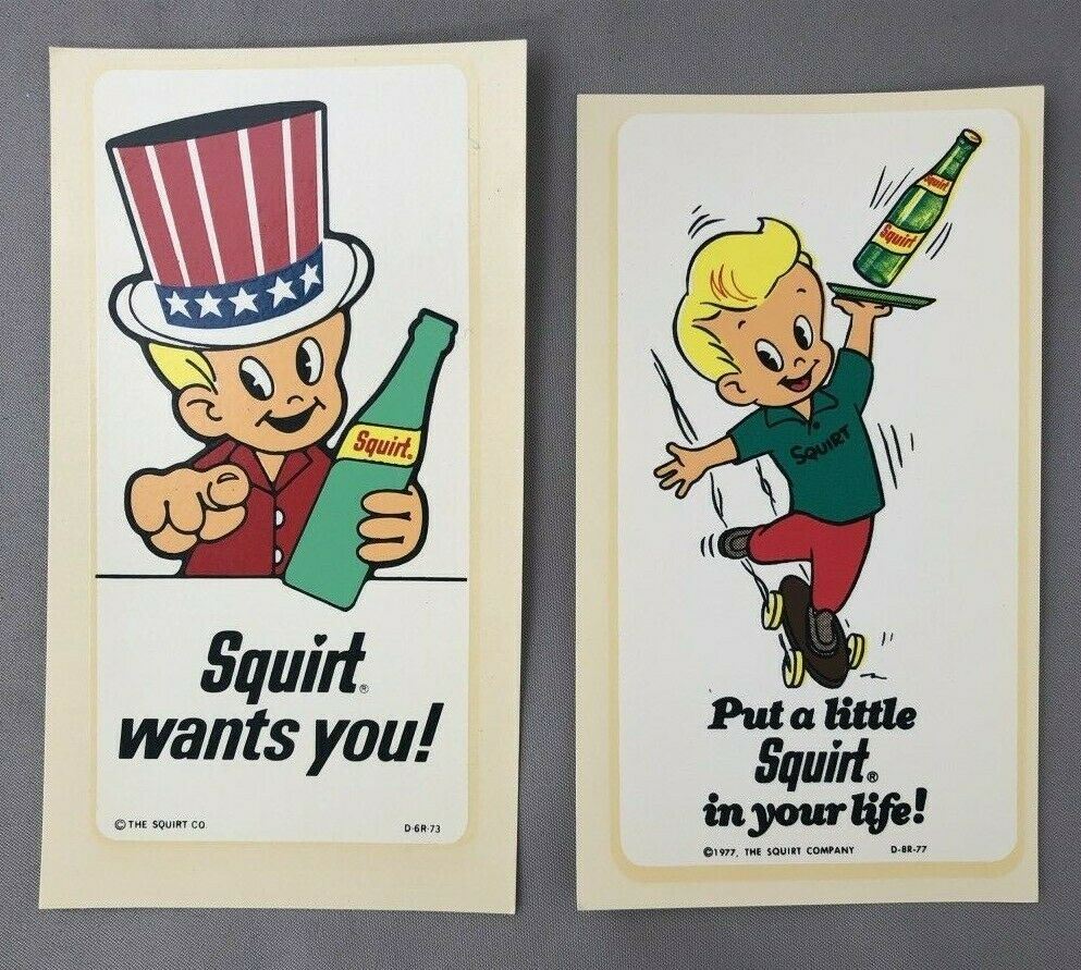 1973 & 1977 Squirt Pop Bottle Soda Sticker Decal Vintage Advertising Skateboard