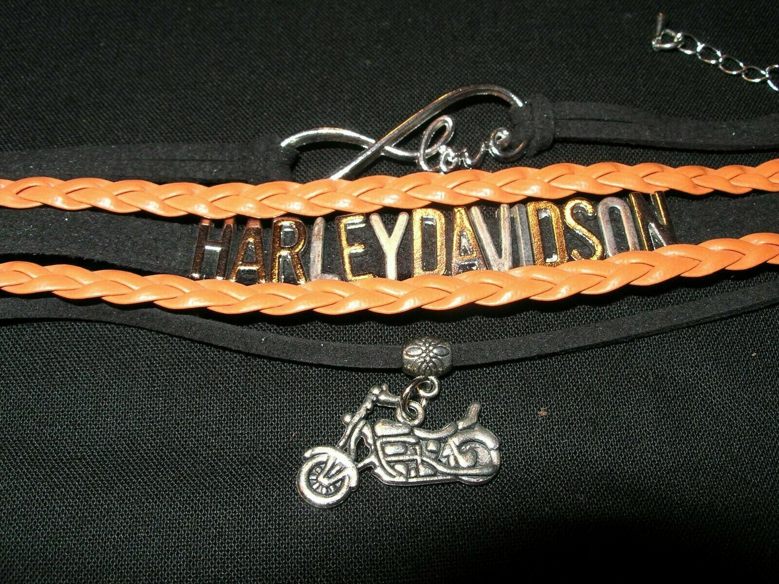 Harley Davidson Orange & Black Bracelet With Motorcycle & 