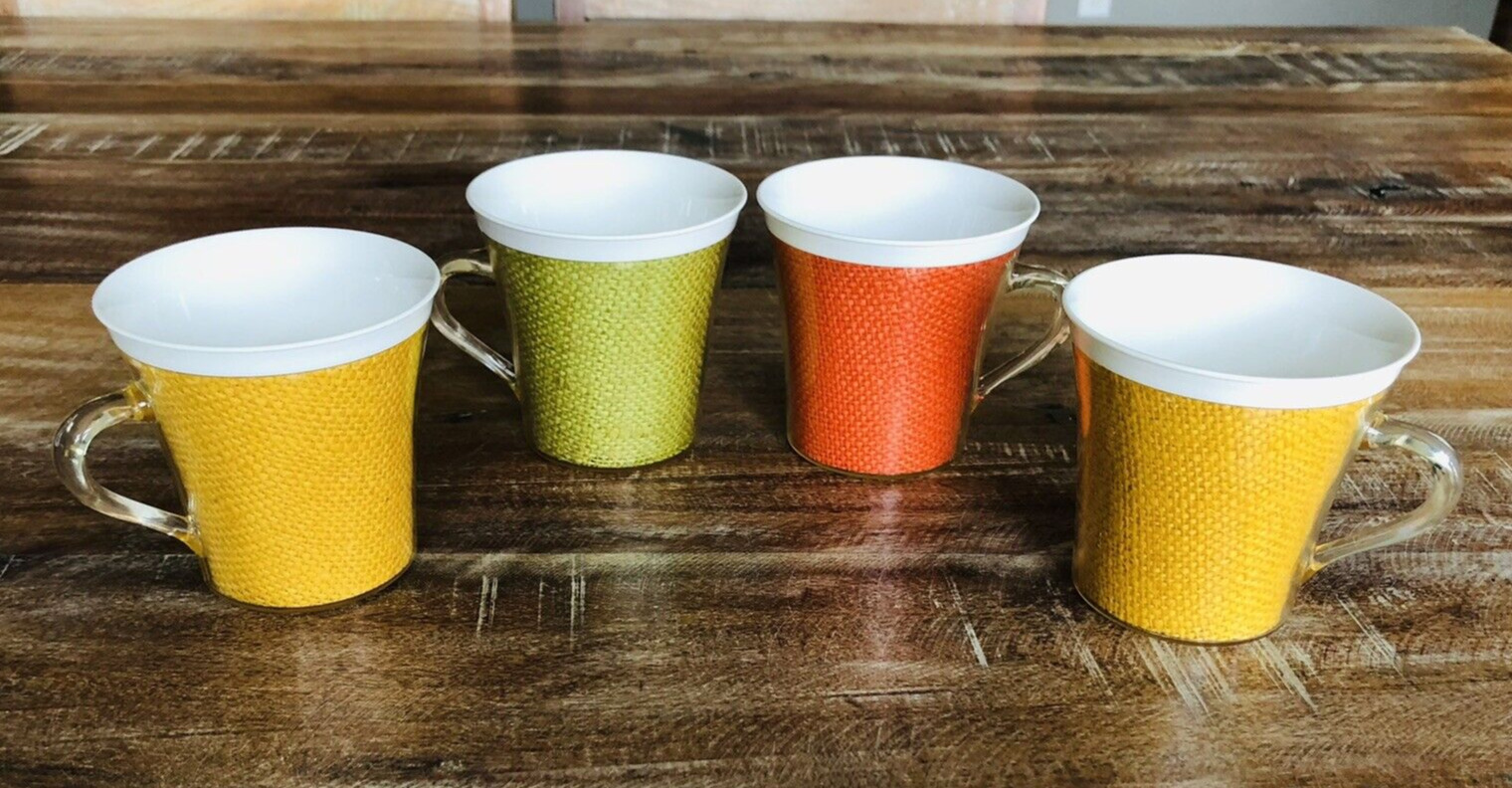 4 Vintage 1960's Coffee Mugs  Raffia Burlap Wicker Insulated Plastic ThermoServe