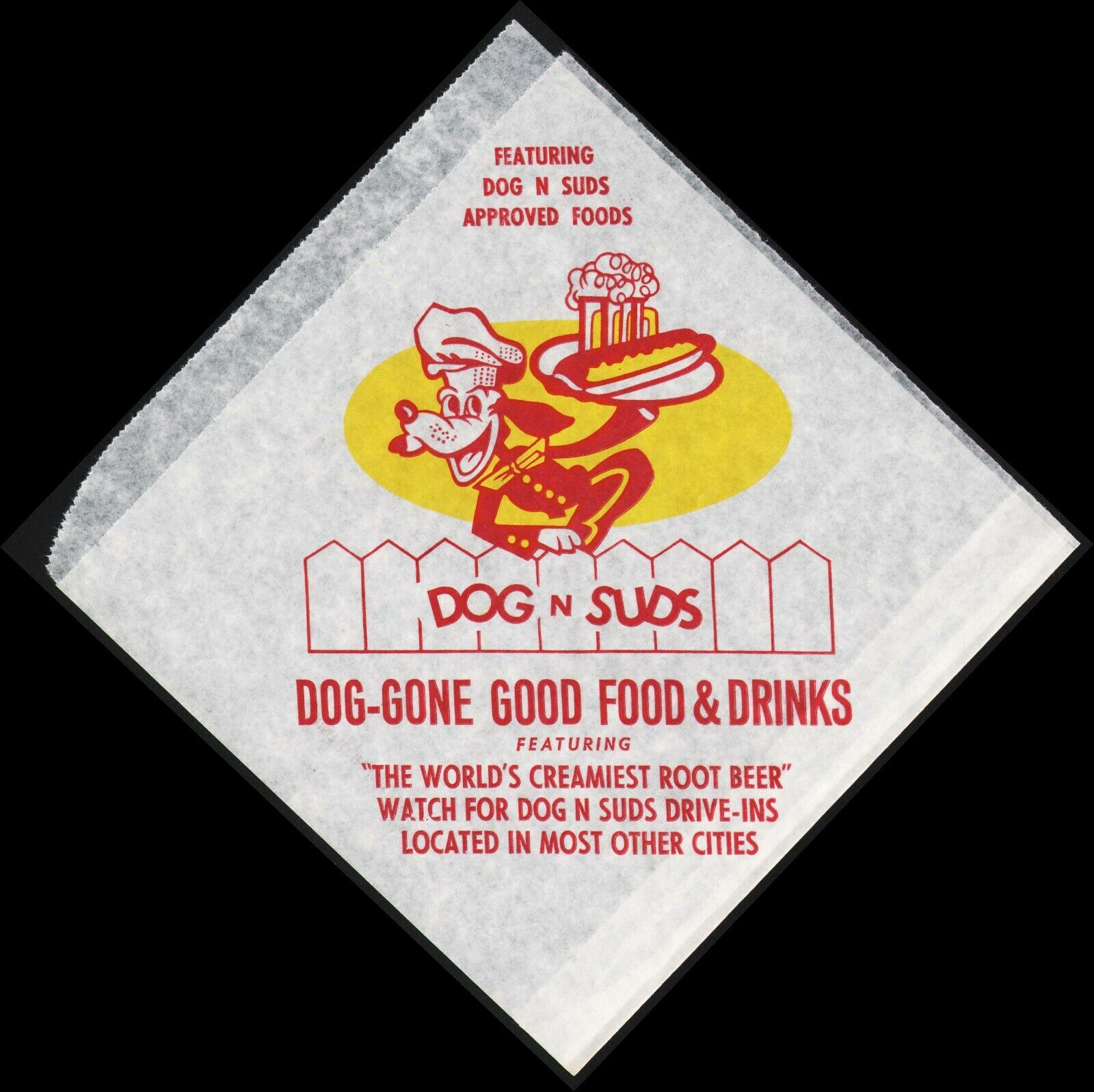 Vintage sandwich bag DOG N SUDS root beer drive in dog behind fence pictured