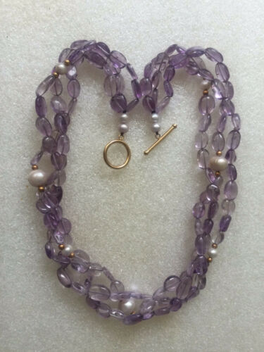 Vtg Iwi / Imperial World 14k Gold Toggle Clasp Amethyst Pearl Gold Bead Necklace