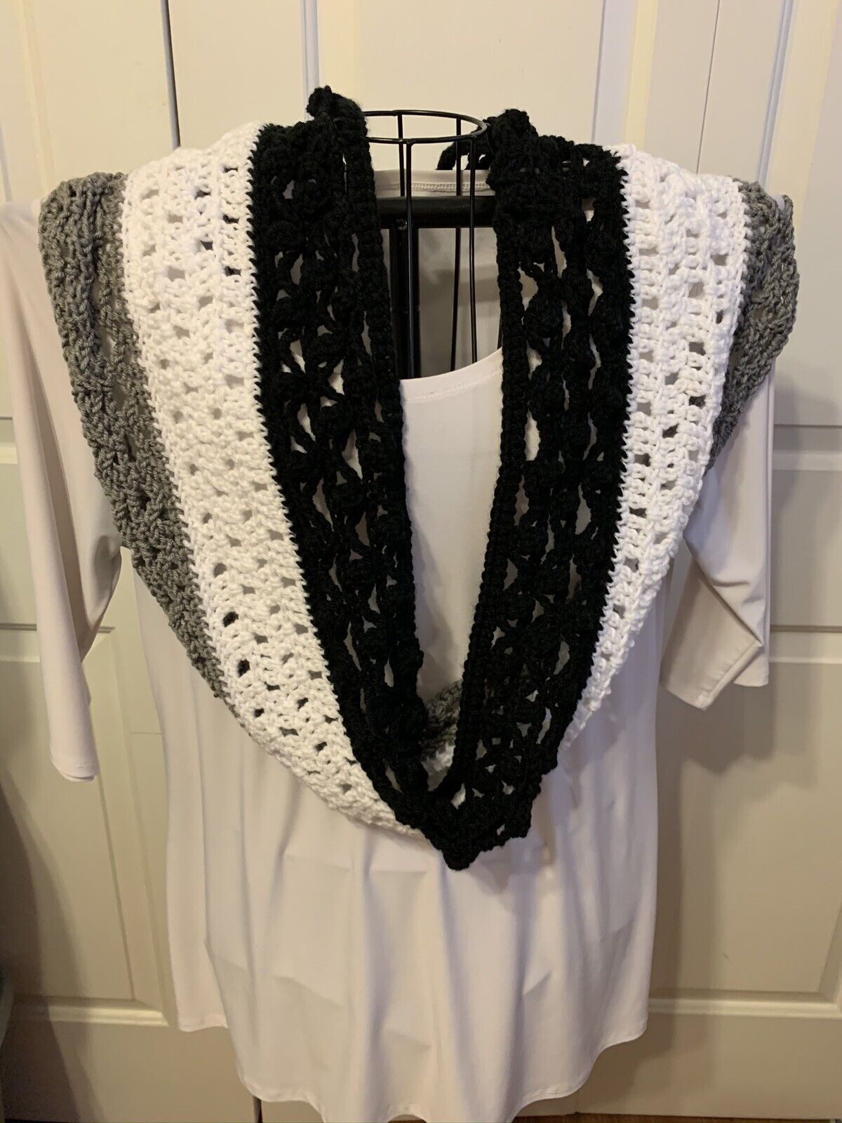 Handmade Crochet Infinity Cowl Scarf In Multicolor Black White Gray