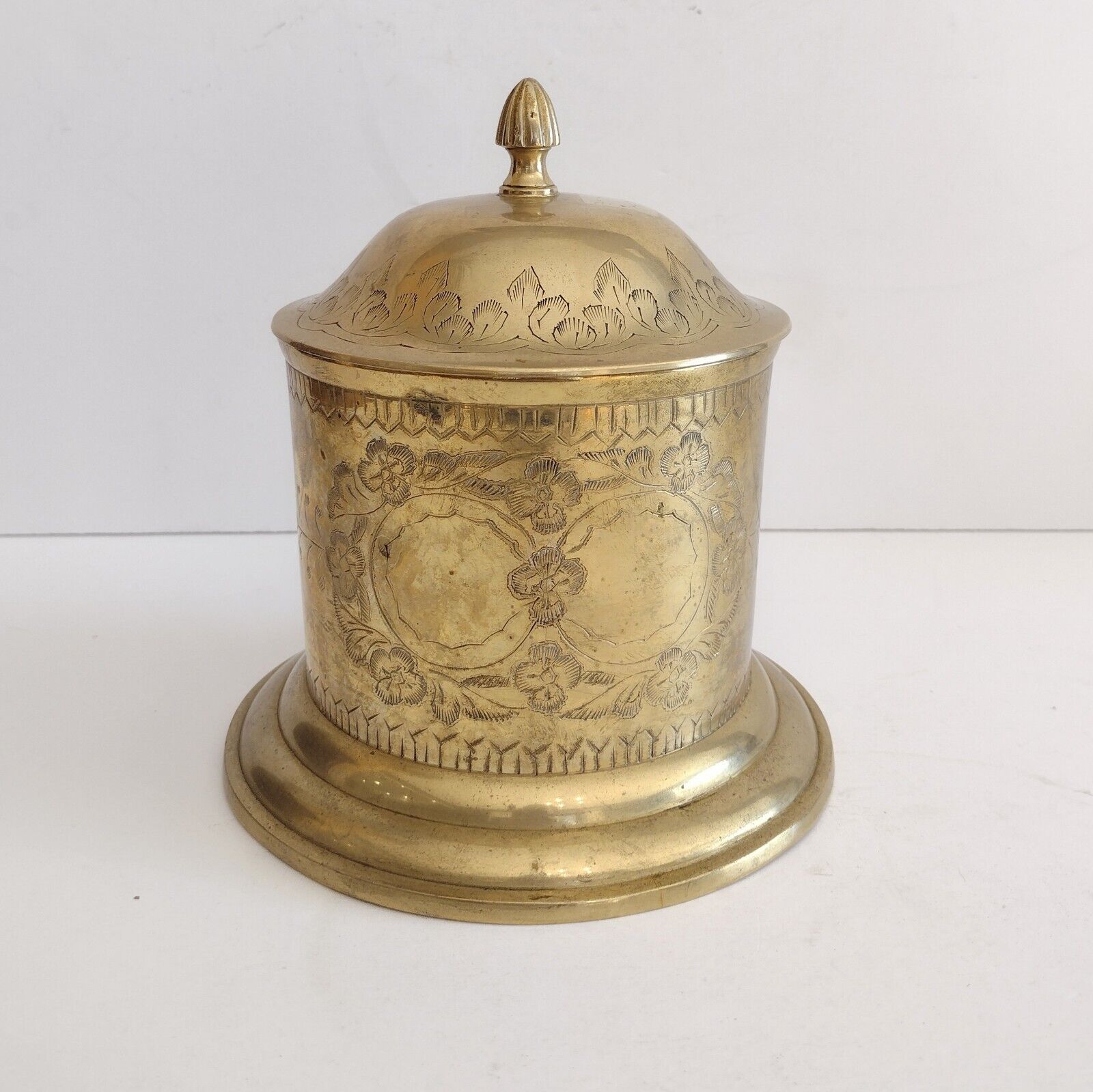 Vintage Brass Silver Plated Tea Caddy Tobacco Tin Gold Ornate Round Lidded