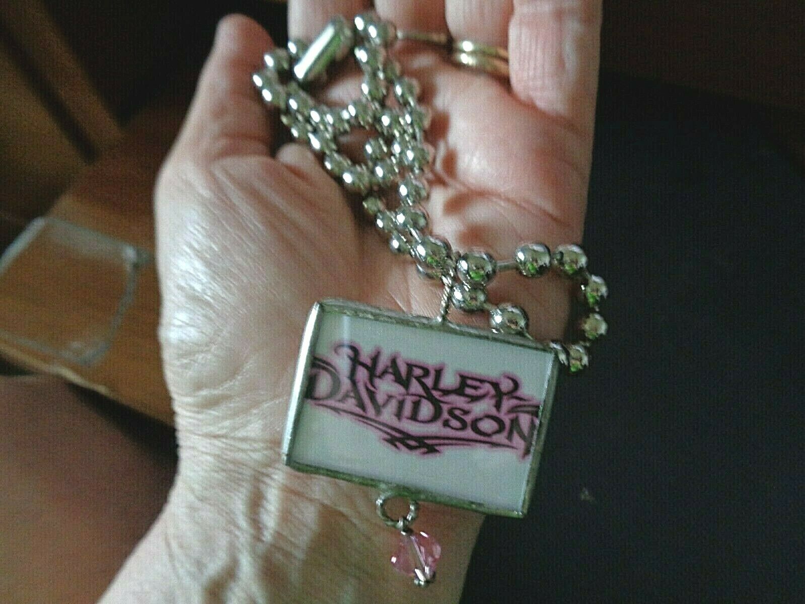 👀 Vtg. Harley Davidson  Silver Tone Ladies Necklace -two Side Photo On Chain