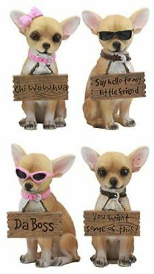 Ebros Set of 4 Adorable Fashion Tea Cup Chihuahua Dogs Statues Humorous Sign