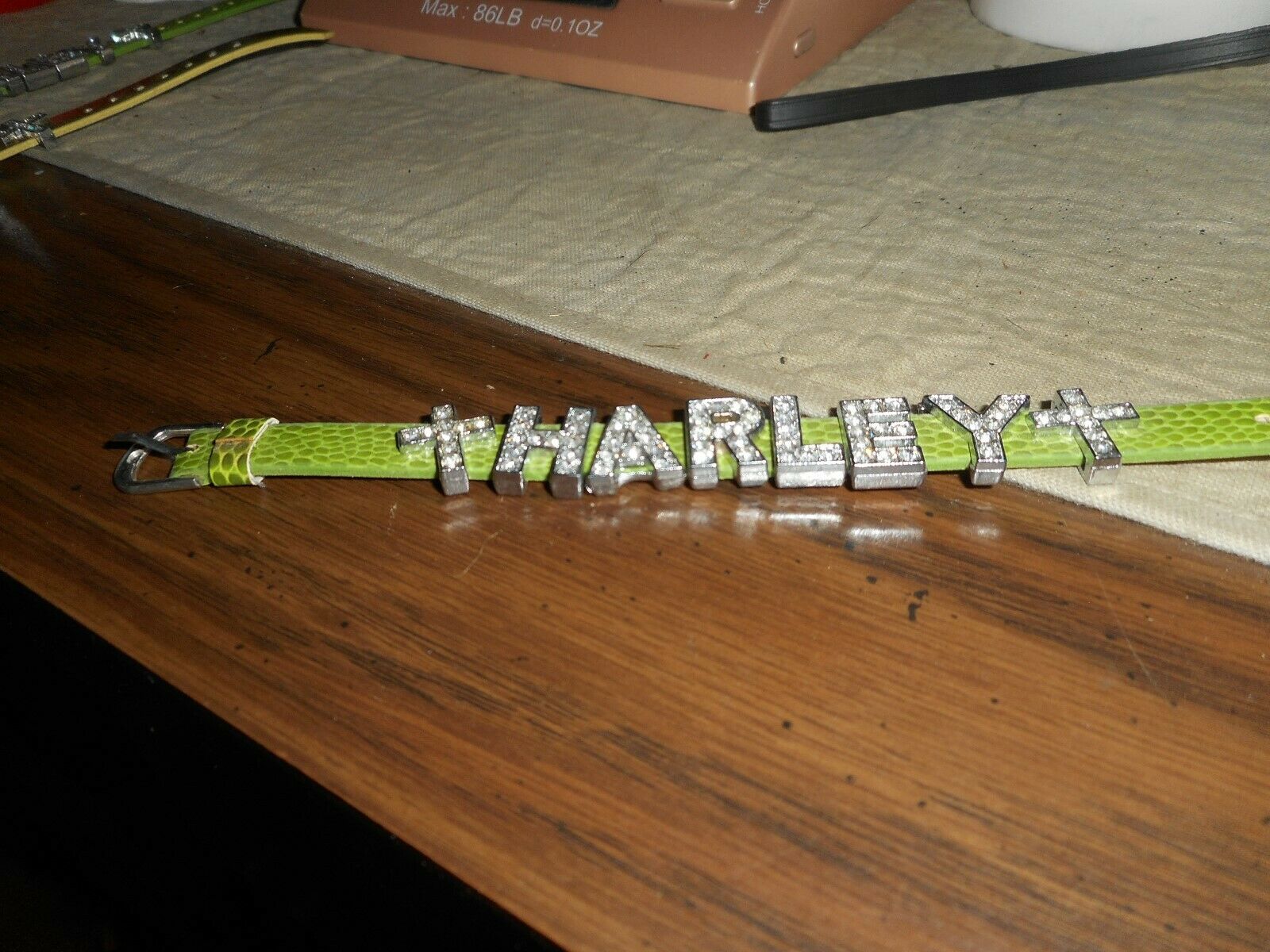 Handmade "harley" Davidson Bracelet/w White Rhinestones/faux Leather Strap/green