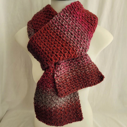 Handmade- Crocheted Linen Stitch Scarf in Marled Burgundy/Red and Gray
