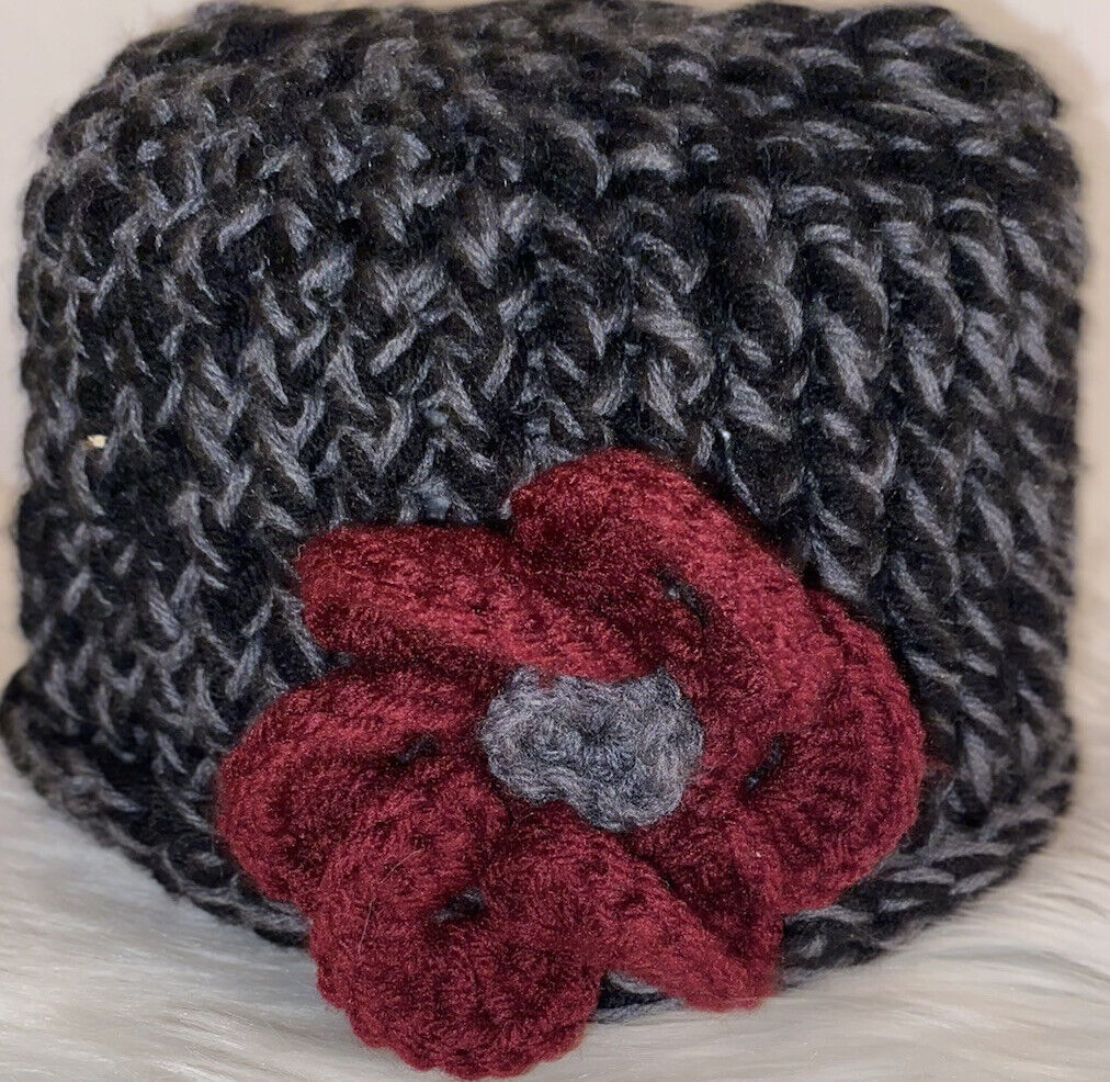 Handmade Knit/crochet Hat With Red Flower