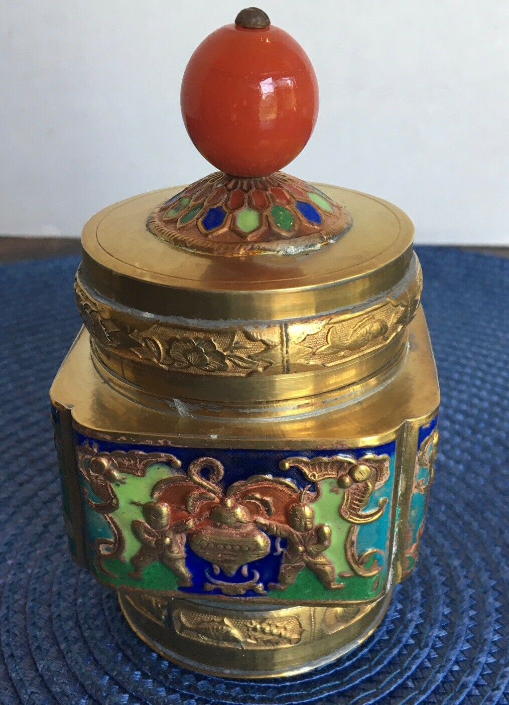Antique Brass & Enamel Chinese Tea Caddy / Opium Box - Coral Glass Finial