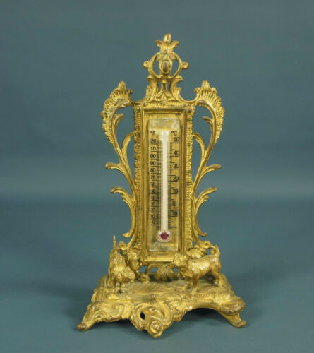 Fancy Antique Rococo Style Bronze Table Thermometer Arched Hissing Cat & Dog