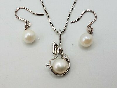 925 Silver Pearl Mermaid Pendant 18"necklace & Earring Set Tt569