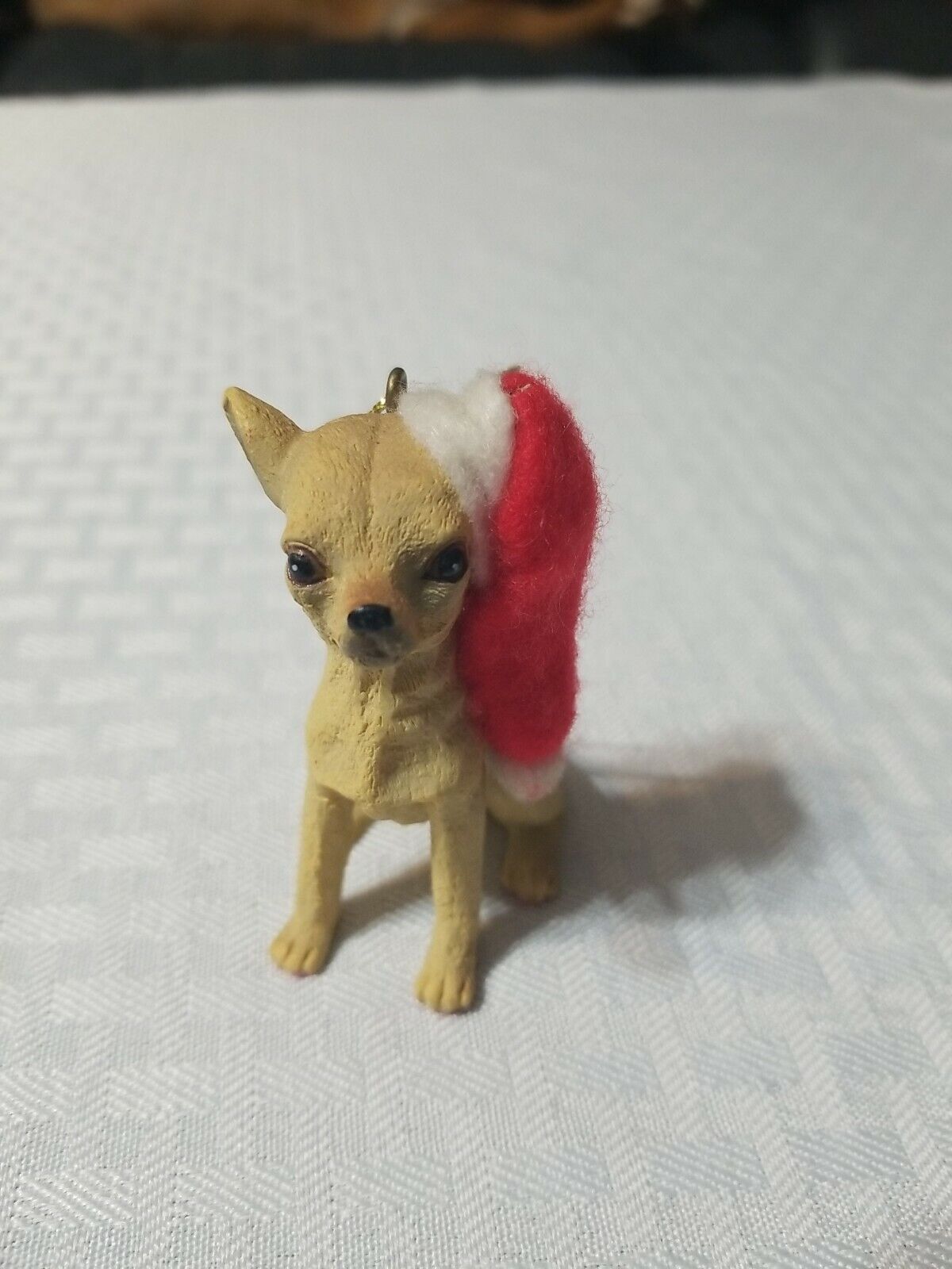 Collectible Tan Chihuahua In Santa Hat Ornament Real Lifelike Resin