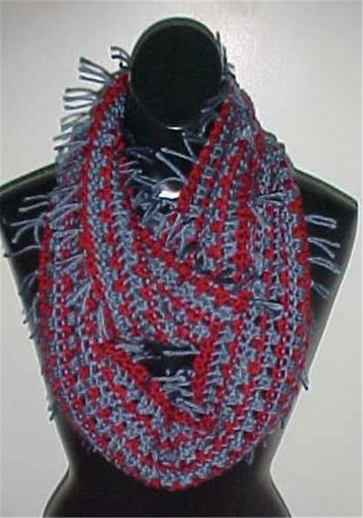 Hand Crochet Infinity Scarf/neckwarmer #136 Burgundy/blue W/fringe New