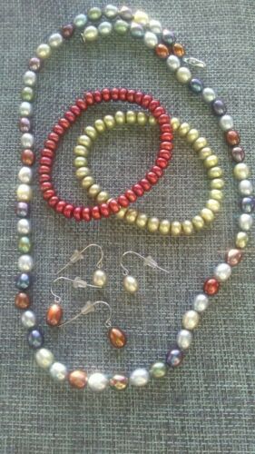 Honora Multicolor Freshwater Pearl Necklace, 2 Bracelets  Two Pairs Earrings Set