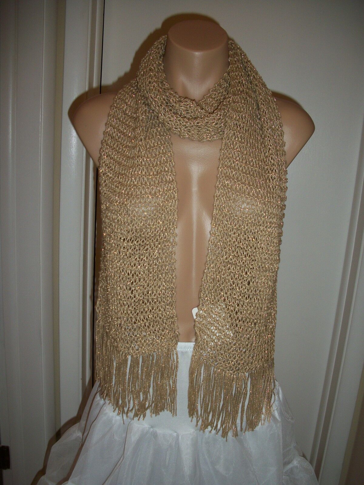 New - Hand Knit Crochet Shawl  Wrap  Scarf Gold  Metallic  Size 75" X 9" Inches