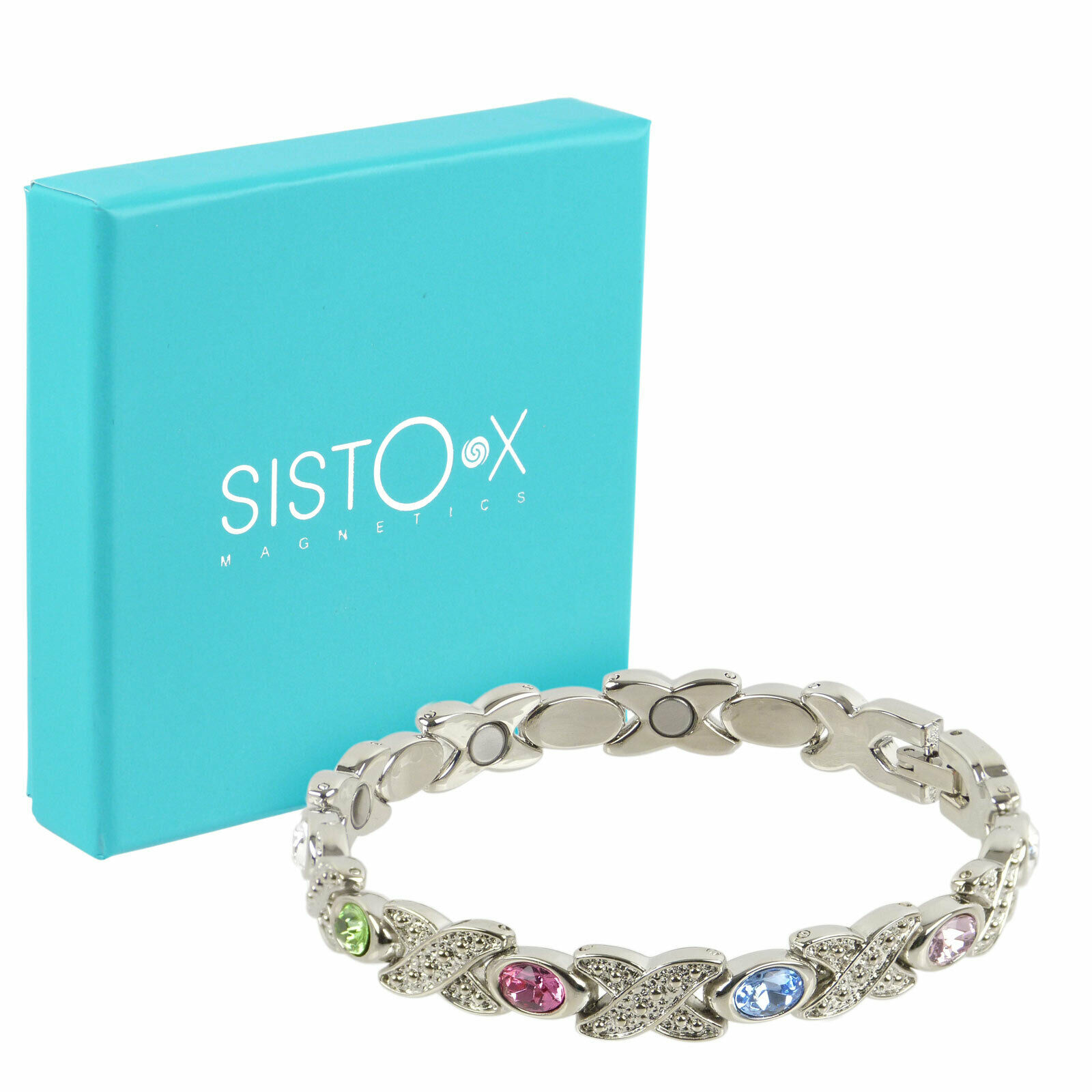 Ladies Sisto-X Magnetic Therapy Bracelet Silver Colour Pastel Faux Gems Gift Box