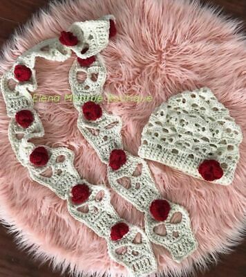 Crochet skull and roses scarf set