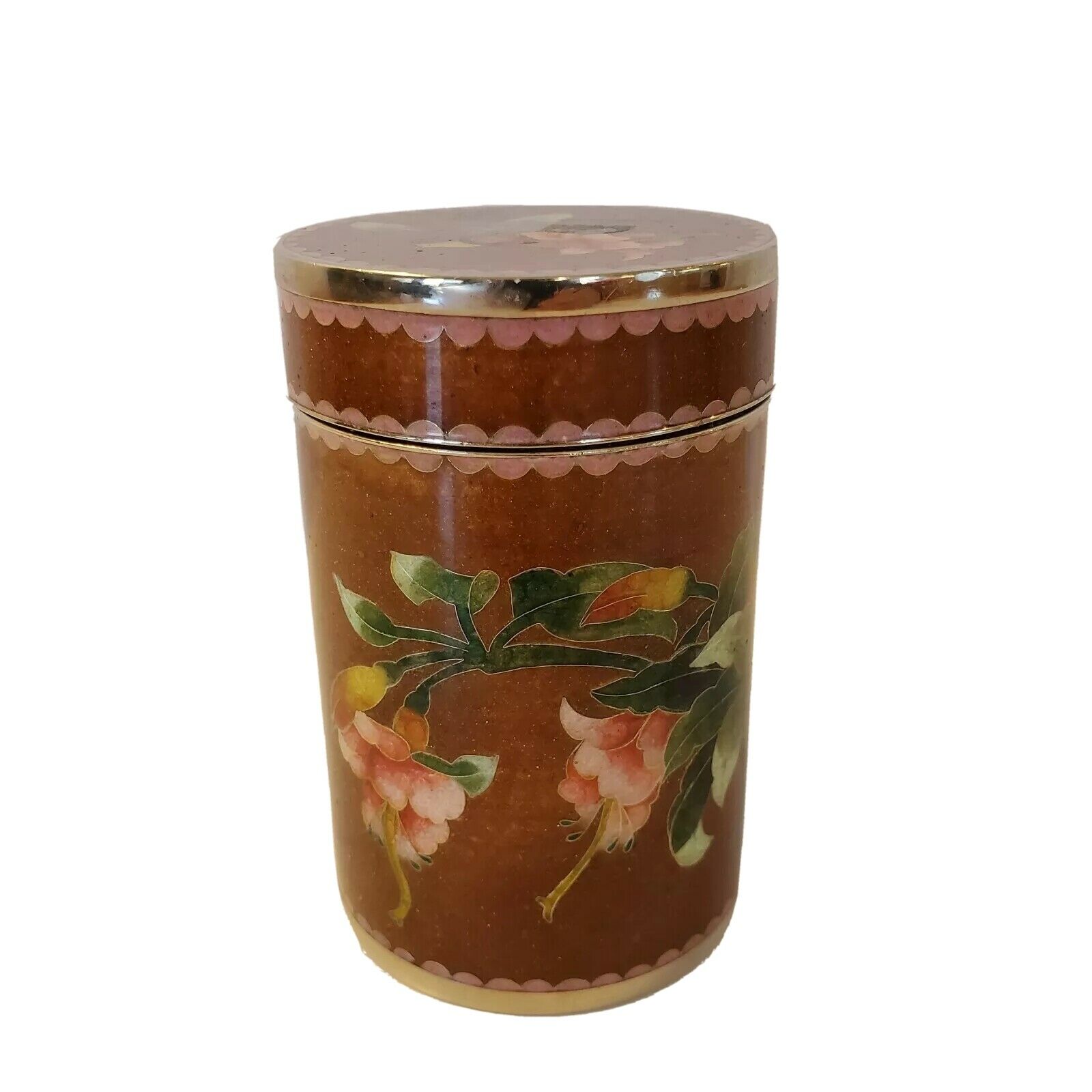 Vintage Sparkle Chestnut Floral Chinese Cloisonné Tea Caddy/Tobacco Jar - EUC